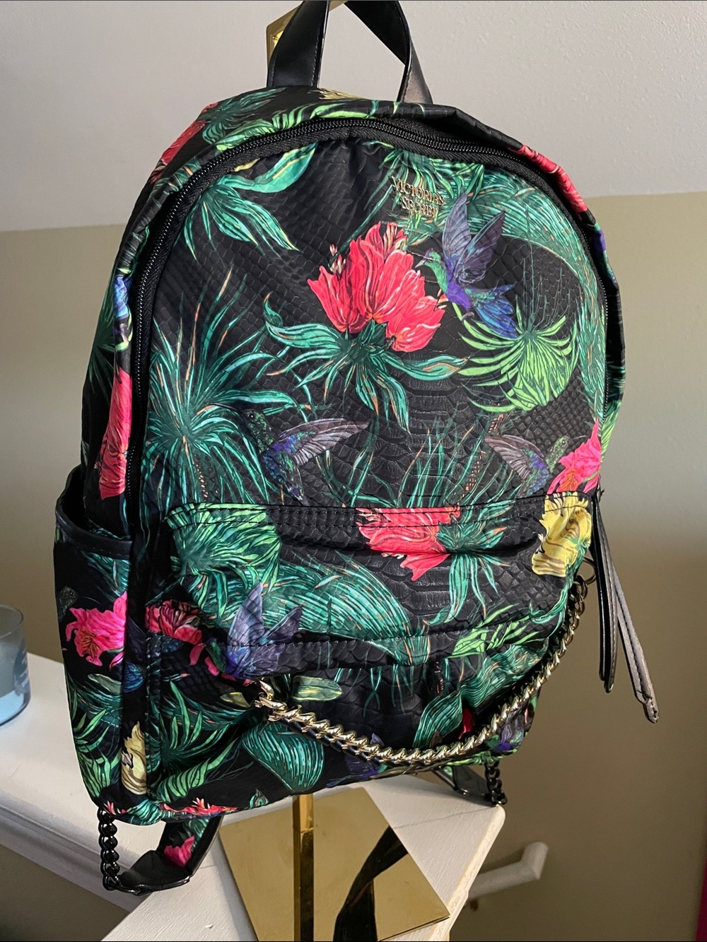 Victoria's Secret Black Floral Mini Backpack with Chain Accent